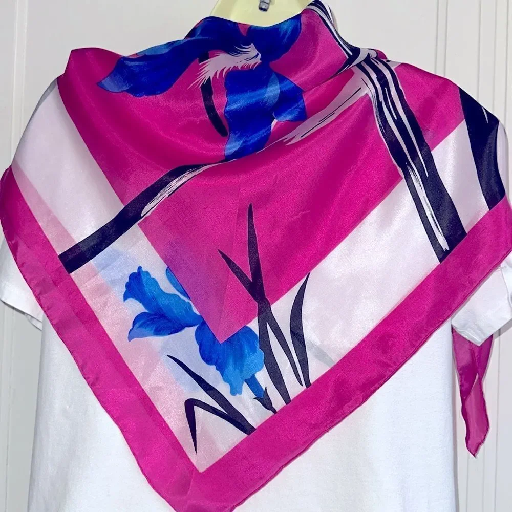 Lovely vintage bright‎ pink, white & black large scarf with blue irises
